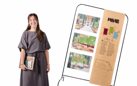 Examenstudent interieur exposeert met werkstuk